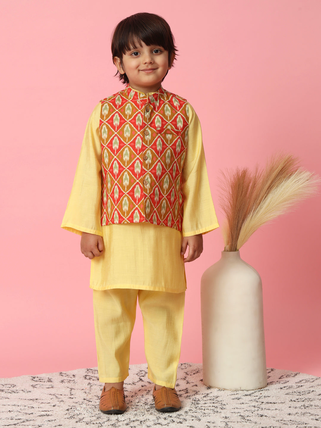 Boys Straight Style Cotton Silk Fabric Yellow Color Kurta And Pyjama With Red Cotton Printed Nehru Jacket