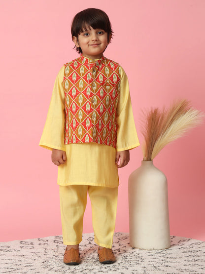 Boys Straight Style Cotton Silk Fabric Yellow Color Kurta And Pyjama With Red Cotton Printed Nehru Jacket