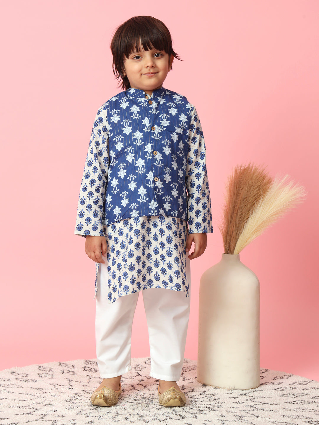 Boys Straight Style Cotton Fabric Blue Color Floral Block Printed Kurta With White Color Pyjama And Nehru Jacket