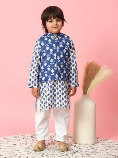 Boys Straight Style Cotton Fabric Blue Color Floral Block Printed Kurta With White Color Pyjama And Nehru Jacket