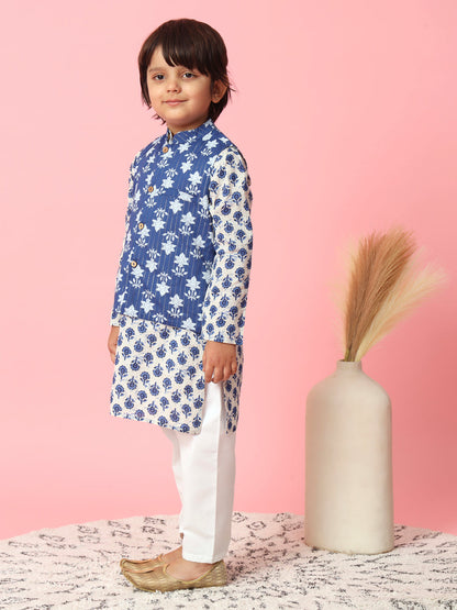 Boys Straight Style Cotton Fabric Blue Color Floral Block Printed Kurta With White Color Pyjama And Nehru Jacket