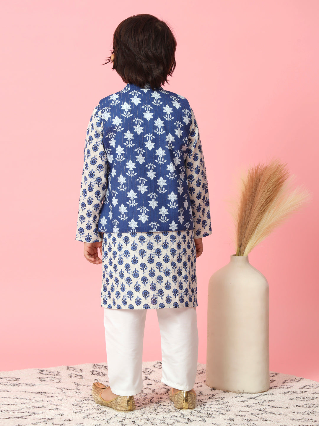 Boys Straight Style Cotton Fabric Blue Color Floral Block Printed Kurta With White Color Pyjama And Nehru Jacket