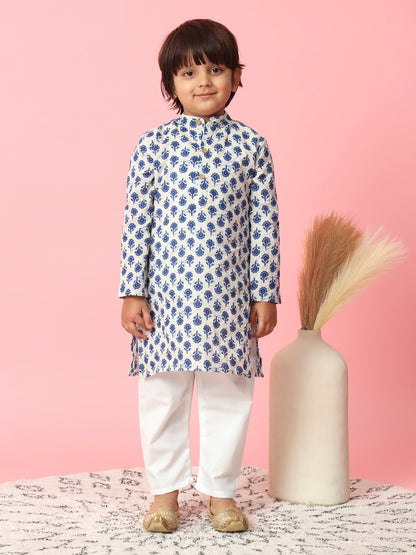Boys Straight Style Cotton Fabric Blue Color Floral Block Printed Kurta With White Color Pyjama And Nehru Jacket