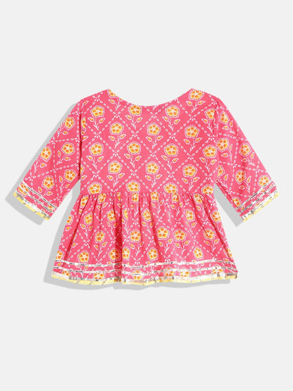 Frock Style Cotton Fabric Red Color Floral Printed Top And Sharara With Gotta Work