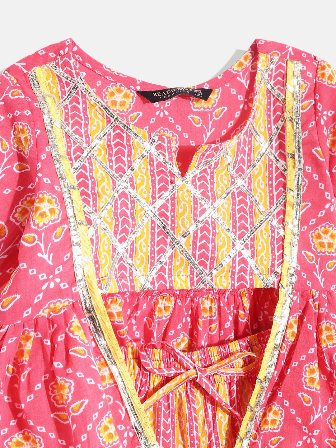 Frock Style Cotton Fabric Red Color Floral Printed Top And Sharara With Gotta Work