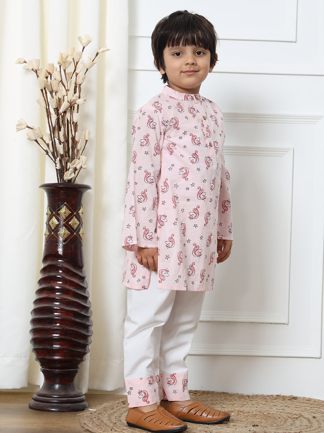 Boys Cotton Pink Printed Kurta Pyjama