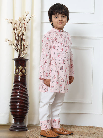 Boys Cotton Pink Printed Kurta Pyjama