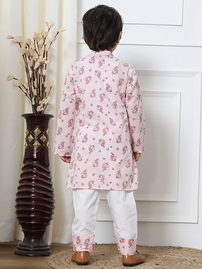 Boys Cotton Pink Printed Kurta Pyjama