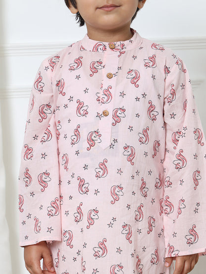 Boys Cotton Pink Printed Kurta Pyjama
