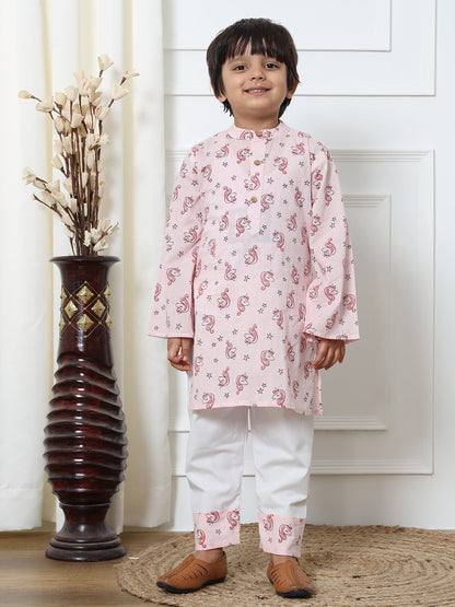 Boys Cotton Pink Printed Kurta Pyjama