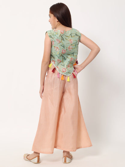 Straight Style Organza Fabric Green Color Floral Printed Top And Palazzo With Tussels And Gotta Lace Work