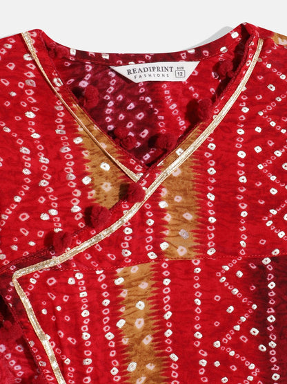 A Line Style Rayon Fabric Maroon Color Bandhej Printed Kurti And Palazzo With Gotta Lace Work