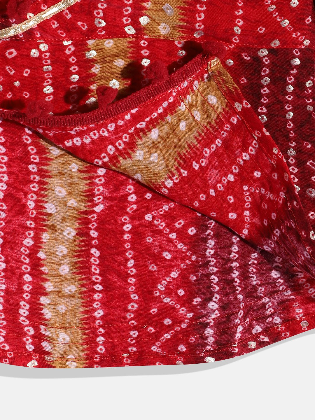 A Line Style Rayon Fabric Maroon Color Bandhej Printed Kurti And Palazzo With Gotta Lace Work
