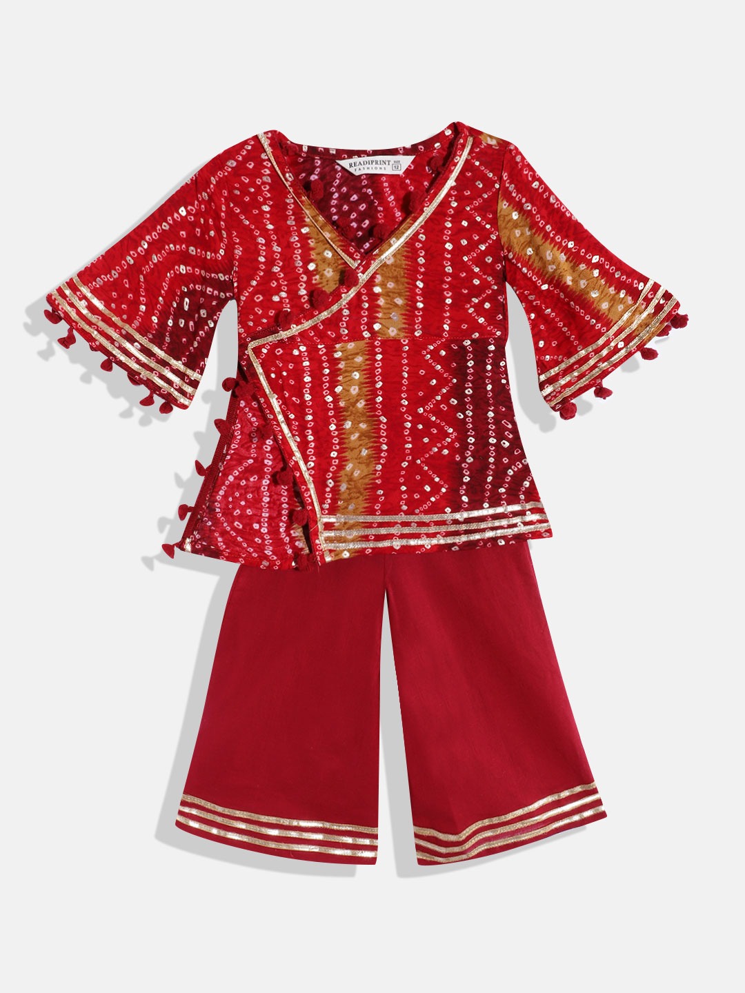 A Line Style Rayon Fabric Maroon Color Bandhej Printed Kurti And Palazzo With Gotta Lace Work