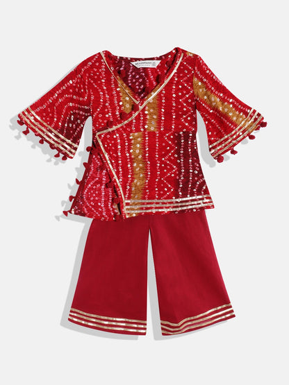 A Line Style Rayon Fabric Maroon Color Bandhej Printed Kurti And Palazzo With Gotta Lace Work