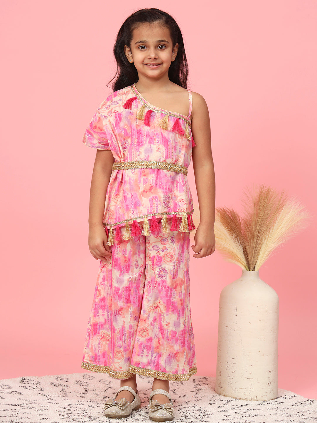 One Shoulder Style Cotton Fabric Pink Color Printed Top And A Line Palazzo With Zari,Gotta Lace And Tussels Work