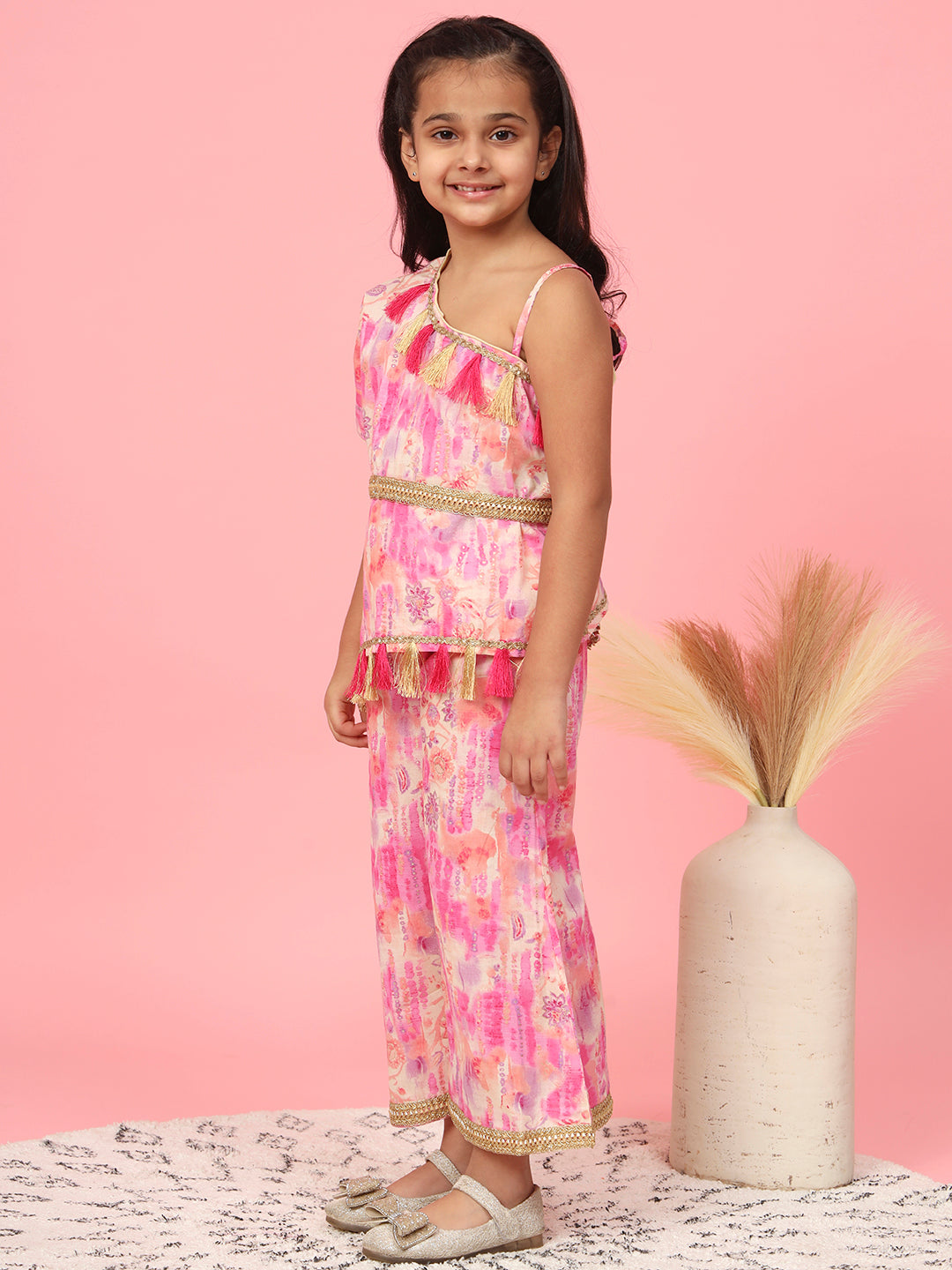 One Shoulder Style Cotton Fabric Pink Color Printed Top And A Line Palazzo With Zari,Gotta Lace And Tussels Work