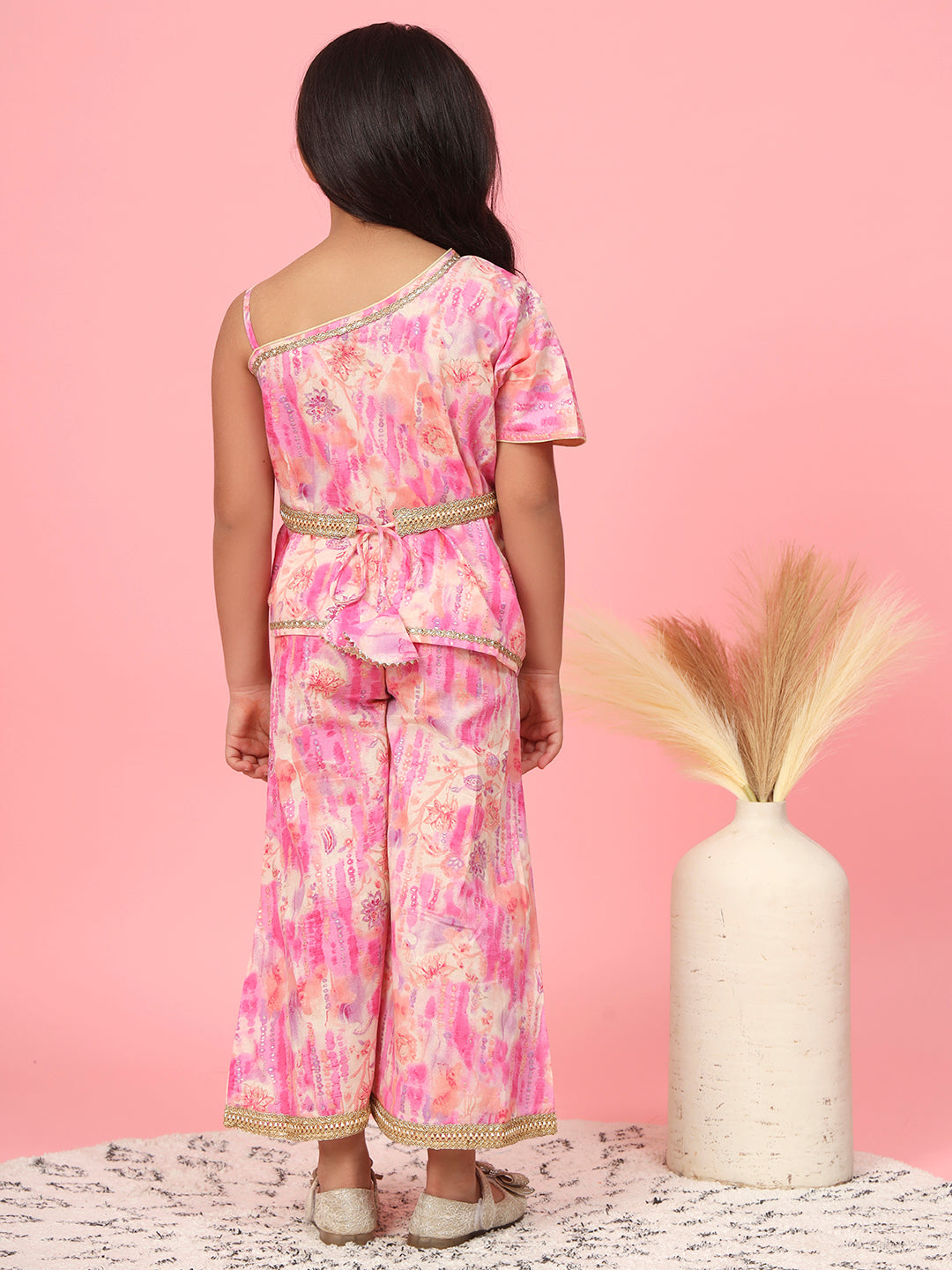 One Shoulder Style Cotton Fabric Pink Color Printed Top And A Line Palazzo With Zari,Gotta Lace And Tussels Work