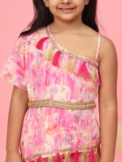 One Shoulder Style Cotton Fabric Pink Color Printed Top And A Line Palazzo With Zari,Gotta Lace And Tussels Work