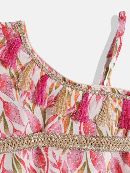 One Shoulder Style Cotton Fabric Multi Color Printed Top And A Line Palazzo With Zari,Gotta Lace And Tussels Work