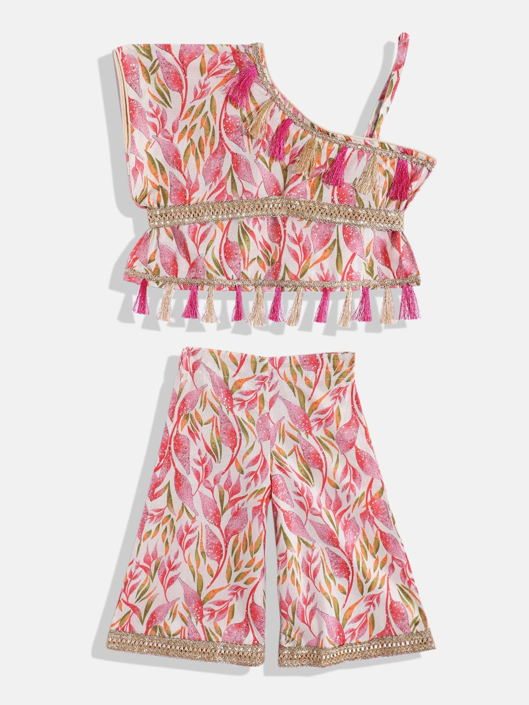 One Shoulder Style Cotton Fabric Multi Color Printed Top And A Line Palazzo With Zari,Gotta Lace And Tussels Work