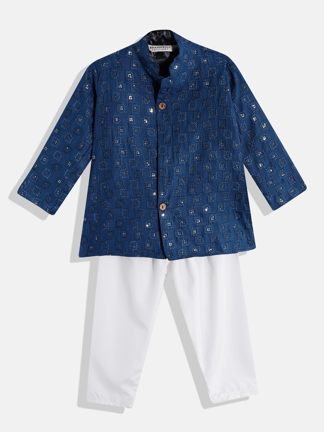 Sherwani Style Cotton Fabric Blue Color Embroidered Kurta With Sequence & Thread Work & Pyjama Pant