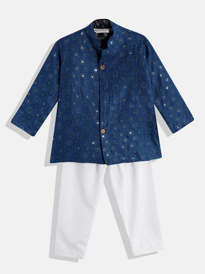 Sherwani Style Cotton Fabric Blue Color Embroidered Kurta With Sequence & Thread Work & Pyjama Pant