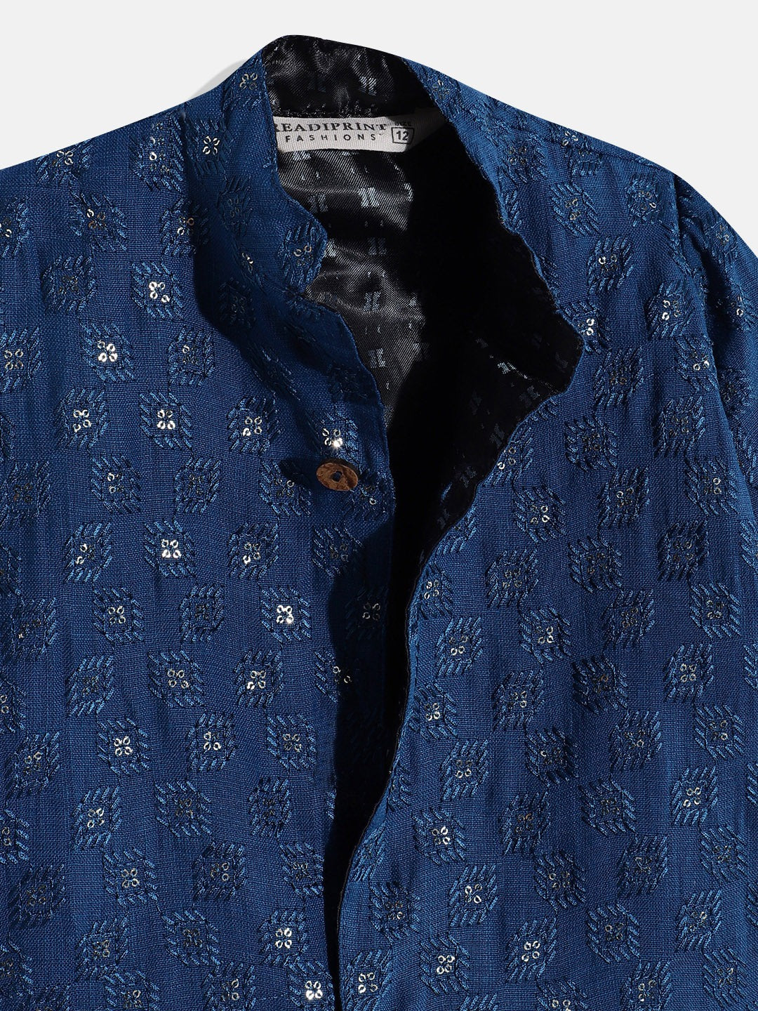 Sherwani Style Cotton Fabric Blue Color Embroidered Kurta With Sequence & Thread Work & Pyjama Pant