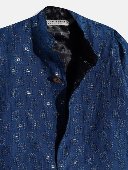 Sherwani Style Cotton Fabric Blue Color Embroidered Kurta With Sequence & Thread Work & Pyjama Pant