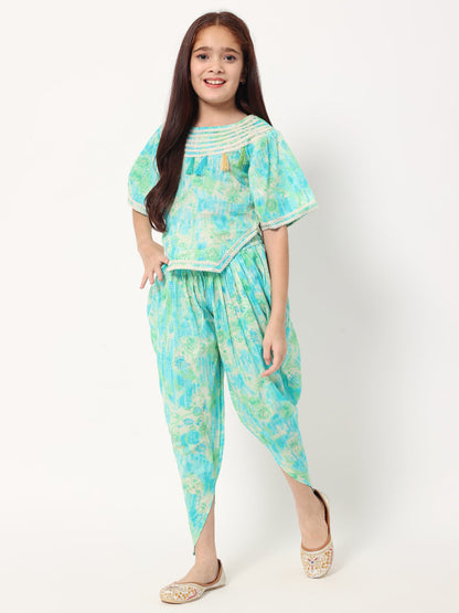 Straight Style Cotton Fabric Blue Color Printed Kurti And Bottom With Lace Work