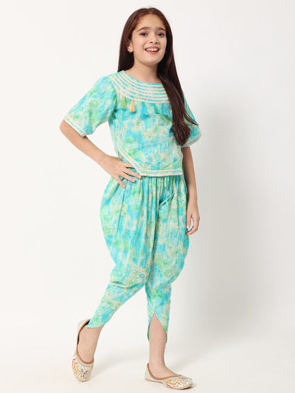Straight Style Cotton Fabric Blue Color Printed Kurti And Bottom With Lace Work