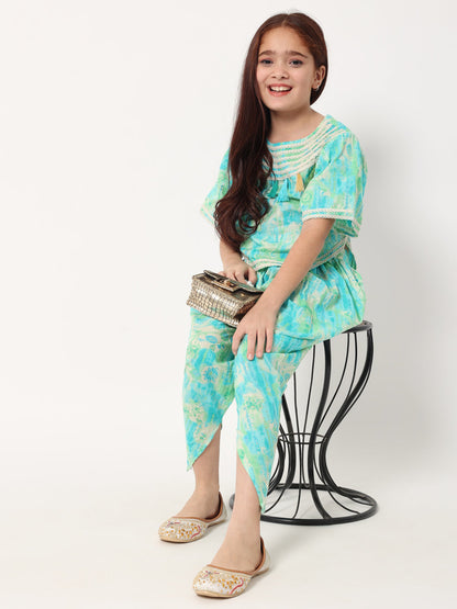 Straight Style Cotton Fabric Blue Color Printed Kurti And Bottom With Lace Work