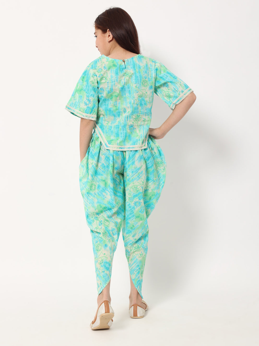 Straight Style Cotton Fabric Blue Color Printed Kurti And Bottom With Lace Work