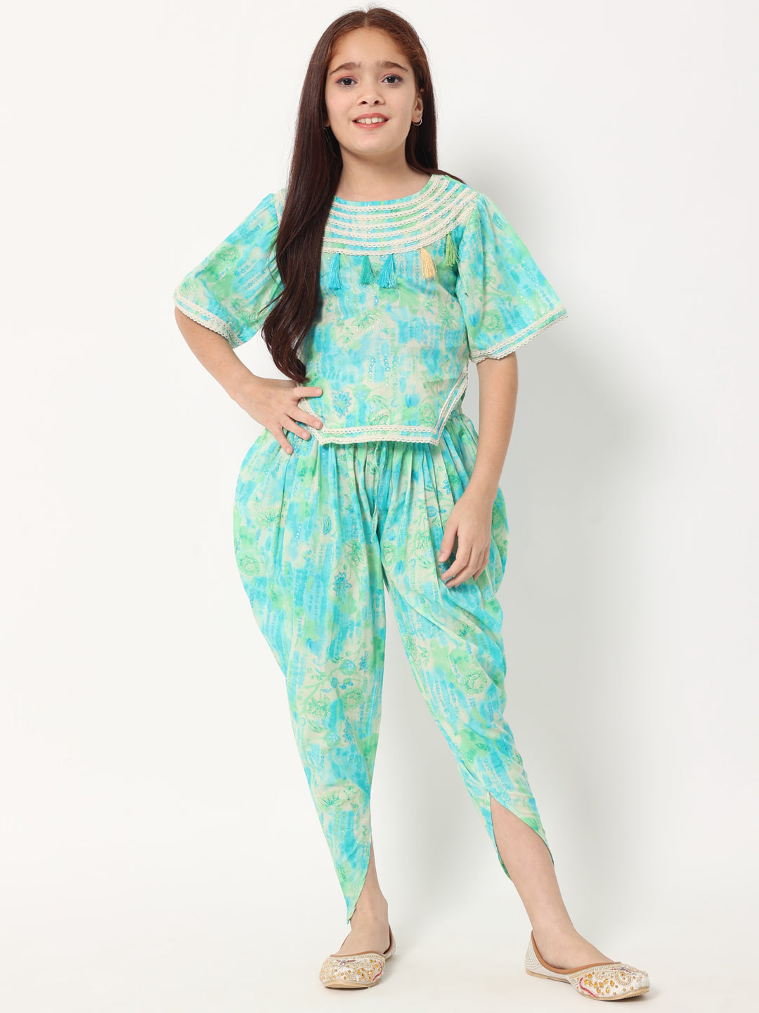 Straight Style Cotton Fabric Blue Color Printed Kurti And Bottom With Lace Work