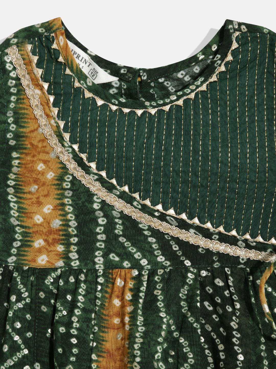 Frock Style Rayon Fabric Green Color Bandhej Printed Kurti And Pyjama With Gotta Lace Work