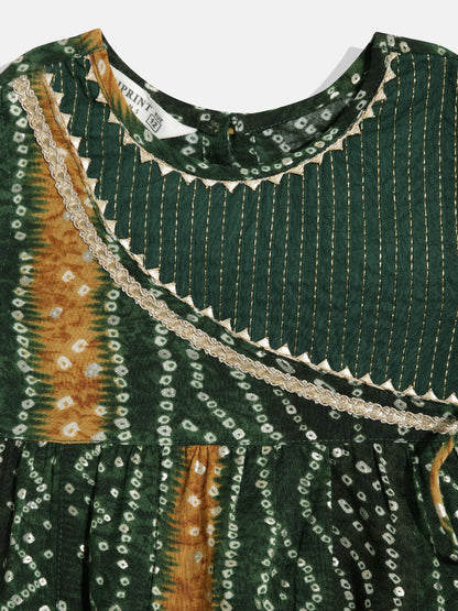 Frock Style Rayon Fabric Green Color Bandhej Printed Kurti And Pyjama With Gotta Lace Work