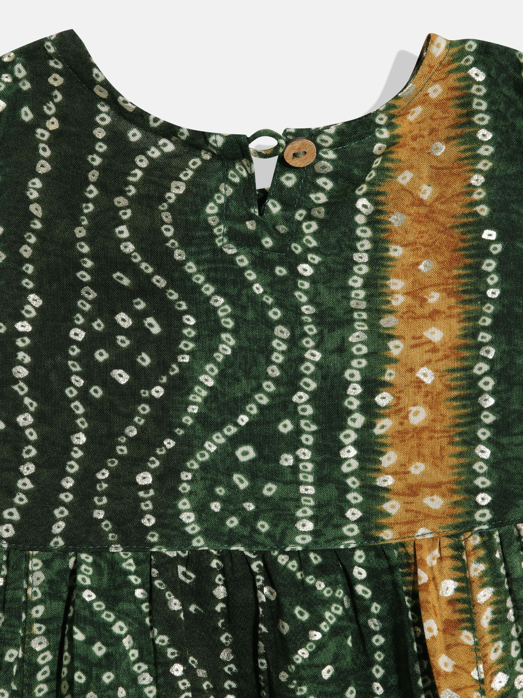 Frock Style Rayon Fabric Green Color Bandhej Printed Kurti And Pyjama With Gotta Lace Work