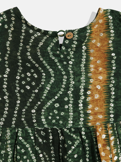 Frock Style Rayon Fabric Green Color Bandhej Printed Kurti And Pyjama With Gotta Lace Work