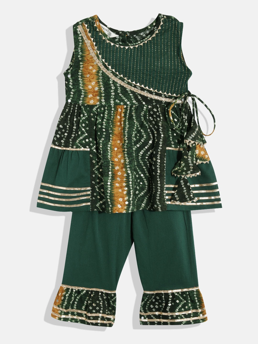 Frock Style Rayon Fabric Green Color Bandhej Printed Kurti And Pyjama With Gotta Lace Work