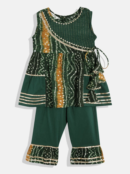 Frock Style Rayon Fabric Green Color Bandhej Printed Kurti And Pyjama With Gotta Lace Work