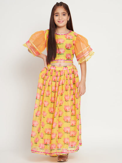 Straight Style Chanderi Fabric Yellow Color Lotus Printed Lehenga Choli With Gotta Work