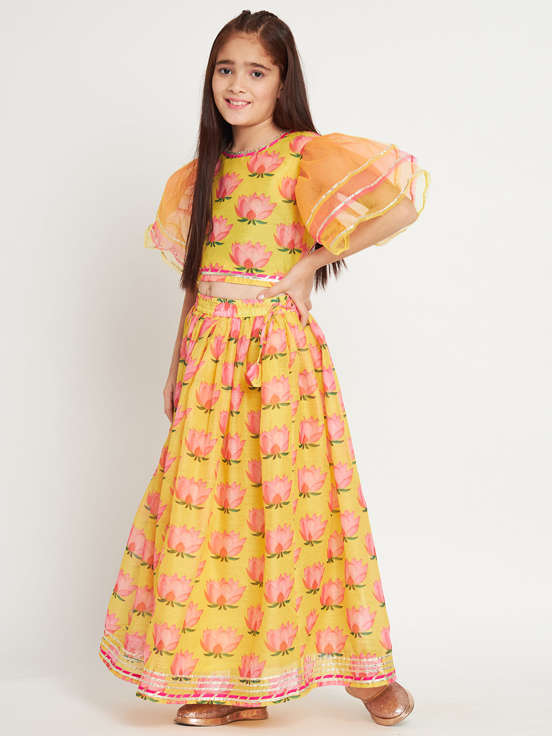 Straight Style Chanderi Fabric Yellow Color Lotus Printed Lehenga Choli With Gotta Work