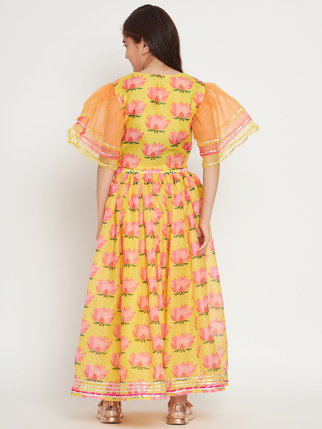 Straight Style Chanderi Fabric Yellow Color Lotus Printed Lehenga Choli With Gotta Work
