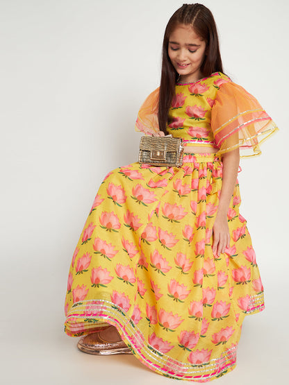 Straight Style Chanderi Fabric Yellow Color Lotus Printed Lehenga Choli With Gotta Work