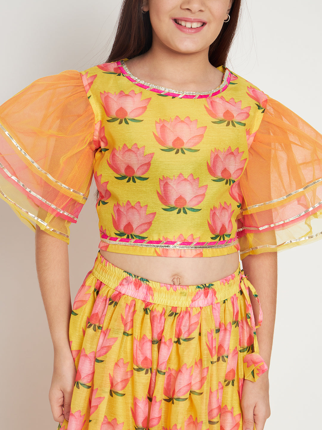 Straight Style Chanderi Fabric Yellow Color Lotus Printed Lehenga Choli With Gotta Work