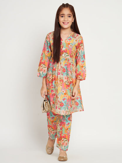 Frock Style Cotton Fabric Multi Color Floral Printed Kurti And Pyjama With Gotta Lace Work