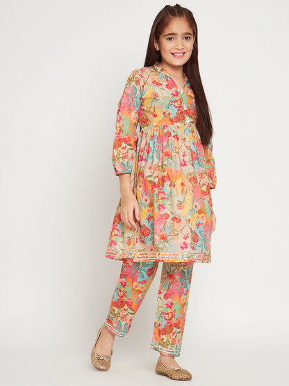 Frock Style Cotton Fabric Multi Color Floral Printed Kurti And Pyjama With Gotta Lace Work