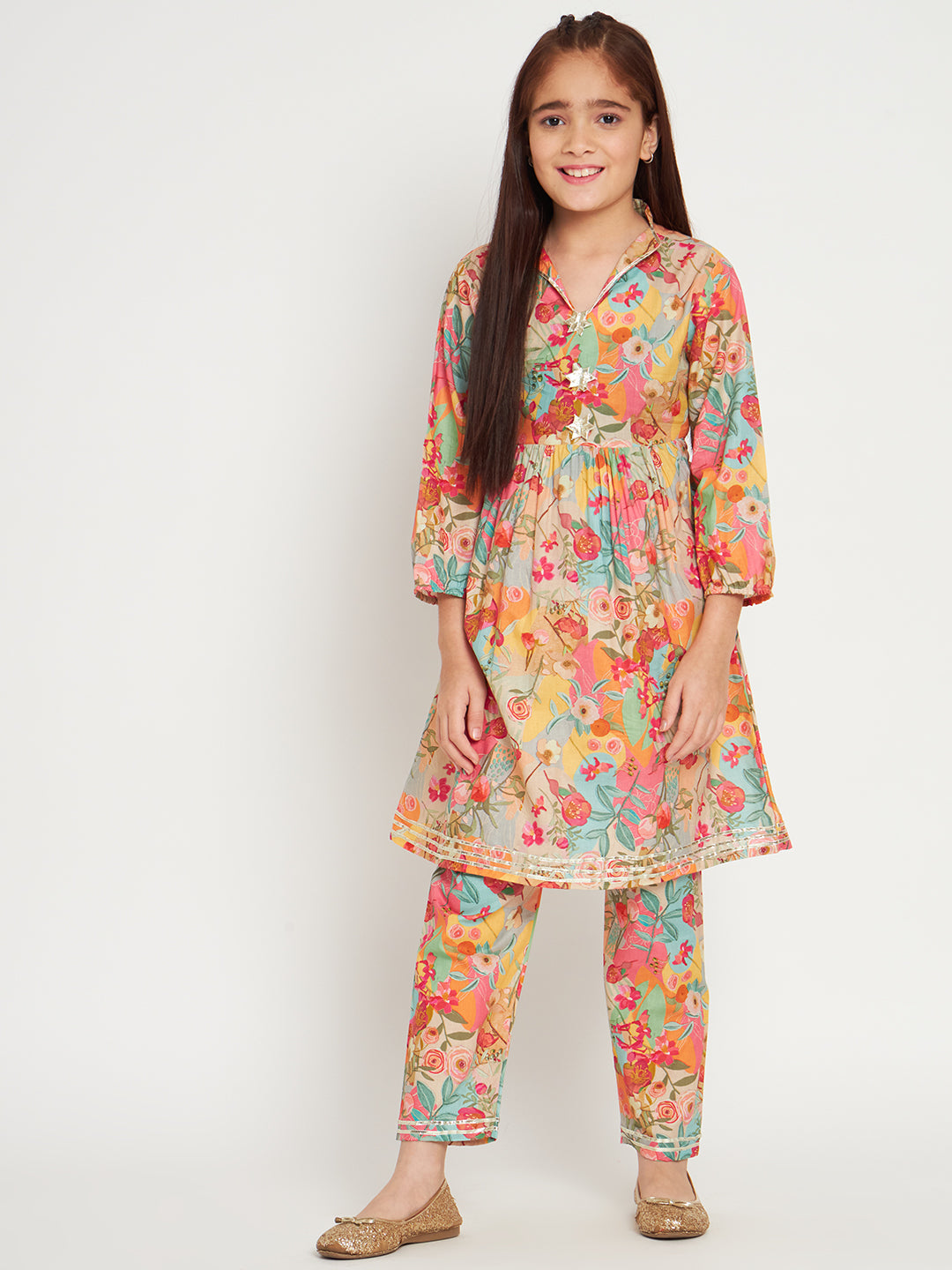 Frock Style Cotton Fabric Multi Color Floral Printed Kurti And Pyjama With Gotta Lace Work