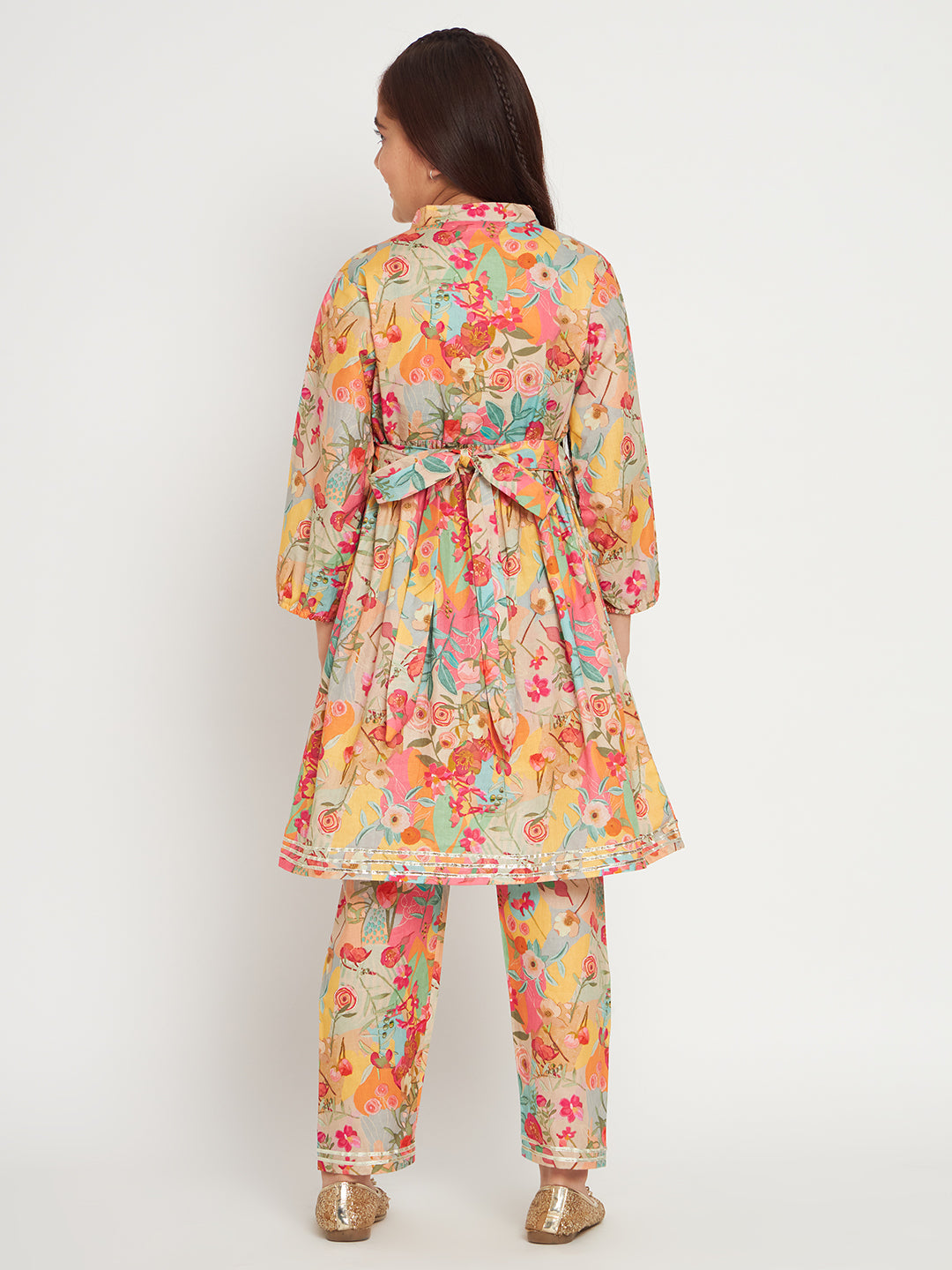 Frock Style Cotton Fabric Multi Color Floral Printed Kurti And Pyjama With Gotta Lace Work
