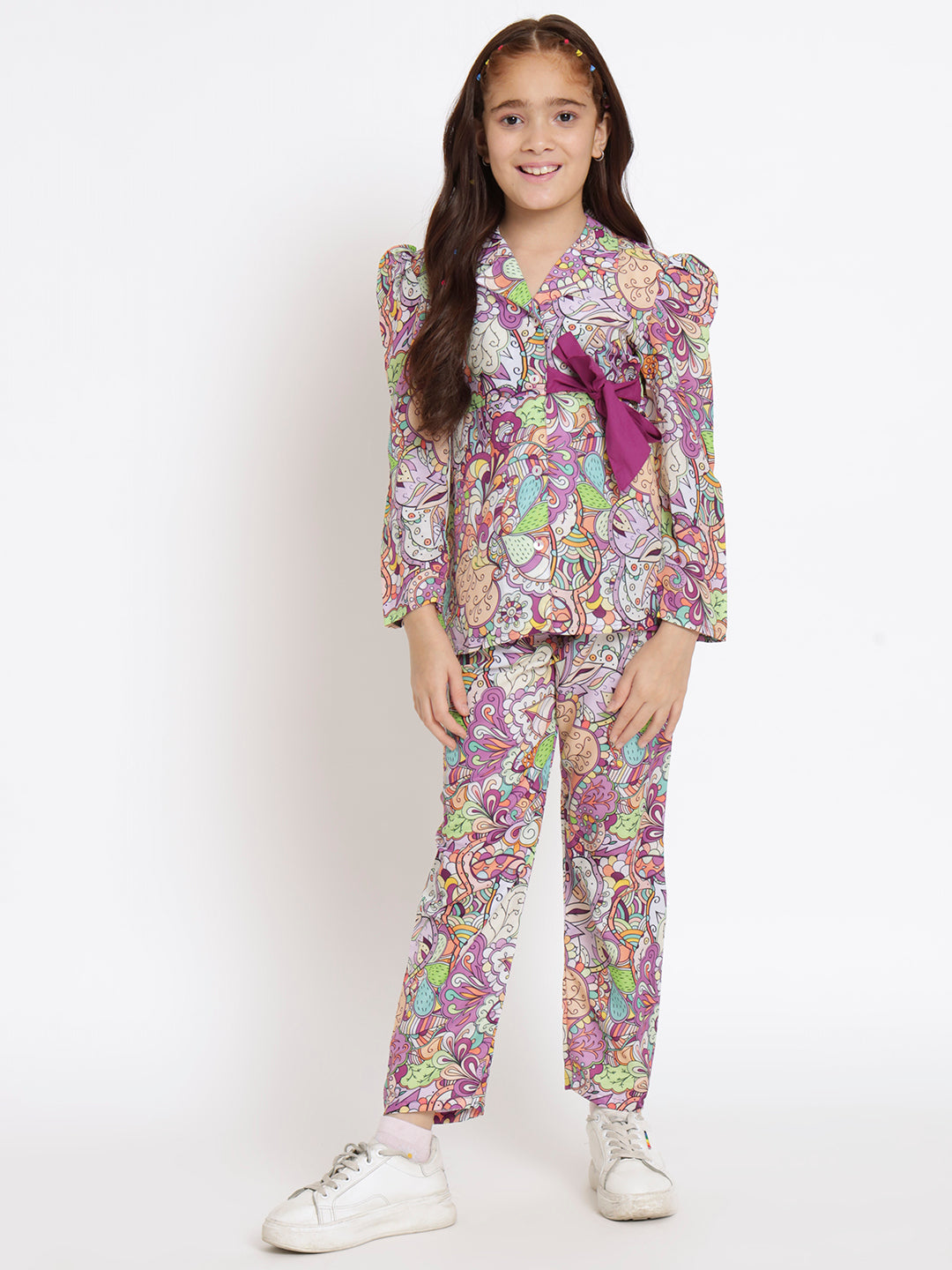 Girls A Line Shirt Style Crepe Fabric Purple Color Floral Printed Top With Belt And Bottom